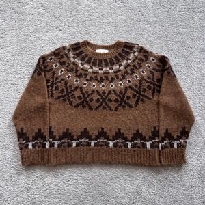 FRAME Fair Isle Camel Multi Knit Pullover Sweater Womens L Brown Alpaca Blend